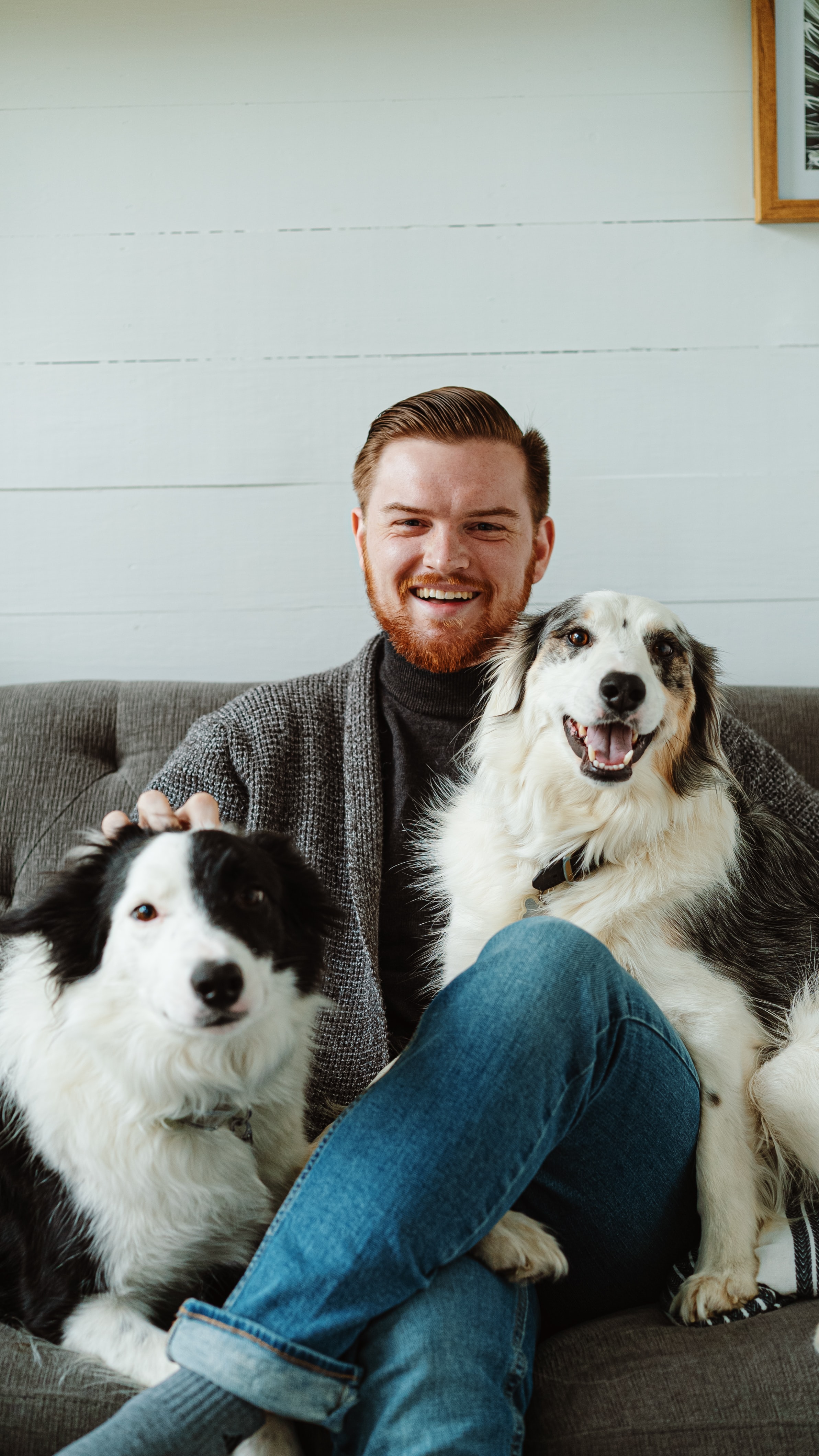 Happy man sitting on a sofa with his two dogs on his lap